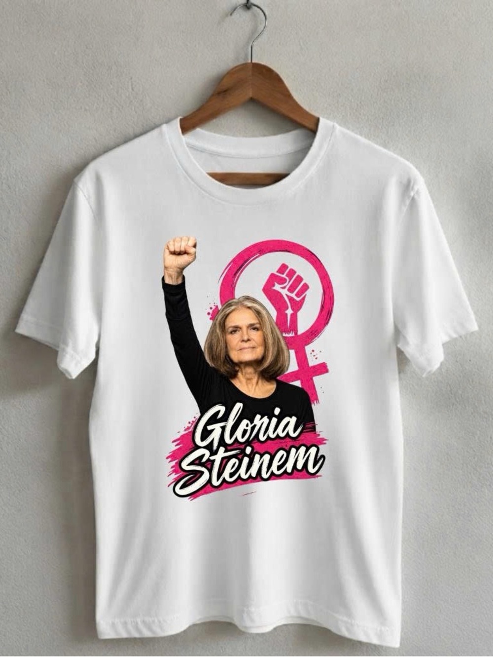 Gildan White Gloria Steinem Tee with Pink Feminist Graphic